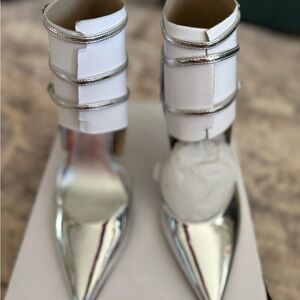 Nine West Silver Pointed Toe Ankle Strap Heels